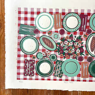 Hand Block Printed "Picnic Table" Reduction Print - Horizontal - No. 30