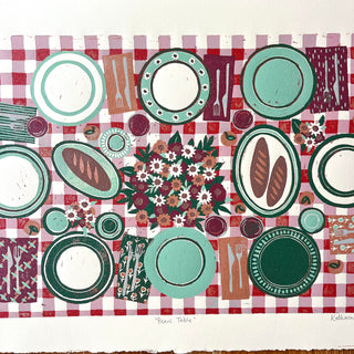 Hand Block Printed "Picnic Table" Reduction Print - Horizontal - No. 30