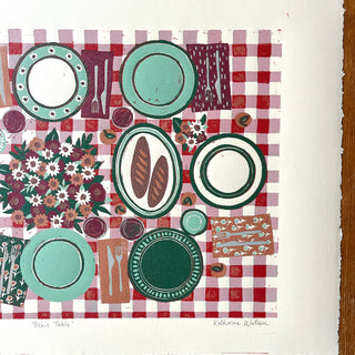Hand Block Printed "Picnic Table" Reduction Print - Horizontal - No. 30