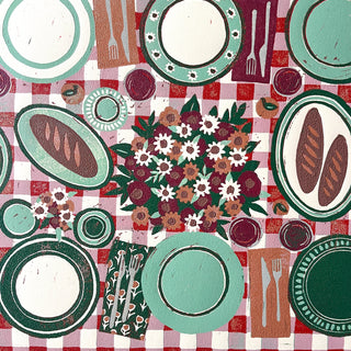 Hand Block Printed "Picnic Table" Reduction Print - Horizontal - No. 30