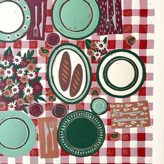 Hand Block Printed "Picnic Table" Reduction Print - Horizontal - No. 30