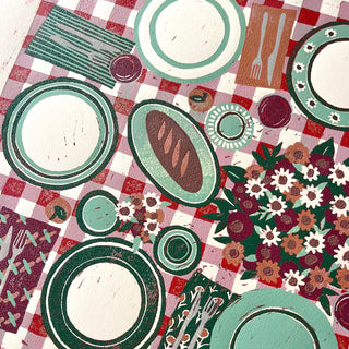 Hand Block Printed "Picnic Table" Reduction Print - Horizontal - No. 30
