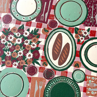 Hand Block Printed "Picnic Table" Reduction Print - Horizontal - No. 30