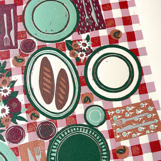 Hand Block Printed "Picnic Table" Reduction Print - Horizontal - No. 30