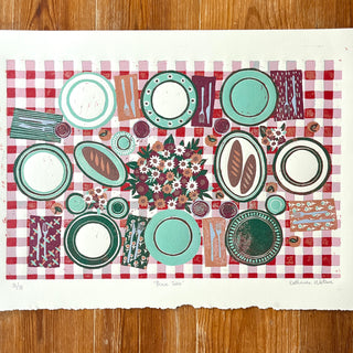 Hand Block Printed "Picnic Table" Reduction Print - Horizontal - No. 31