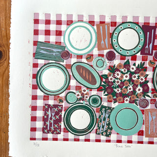Hand Block Printed "Picnic Table" Reduction Print - Horizontal - No. 31