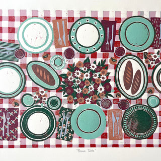 Hand Block Printed "Picnic Table" Reduction Print - Horizontal - No. 31