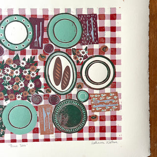 Hand Block Printed "Picnic Table" Reduction Print - Horizontal - No. 31