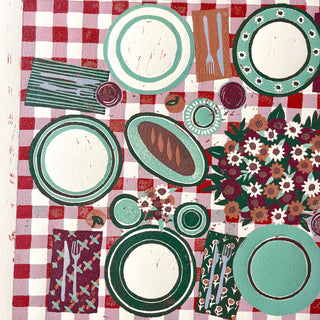 Hand Block Printed "Picnic Table" Reduction Print - Horizontal - No. 31