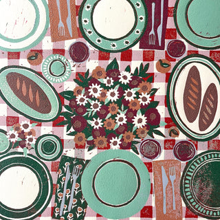 Hand Block Printed "Picnic Table" Reduction Print - Horizontal - No. 31