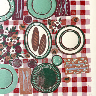 Hand Block Printed "Picnic Table" Reduction Print - Horizontal - No. 31