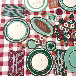 Hand Block Printed "Picnic Table" Reduction Print - Horizontal - No. 31