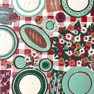 Hand Block Printed "Picnic Table" Reduction Print - Horizontal - No. 31