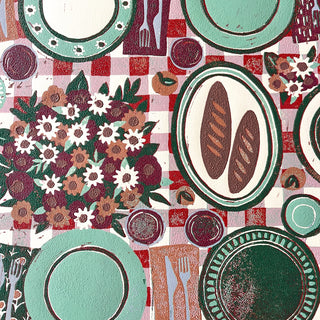 Hand Block Printed "Picnic Table" Reduction Print - Horizontal - No. 31