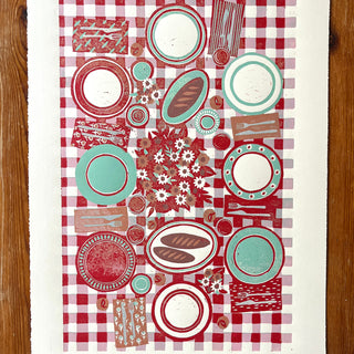 Hand Block Printed "Picnic Table" Reduction Print - Red & Teal