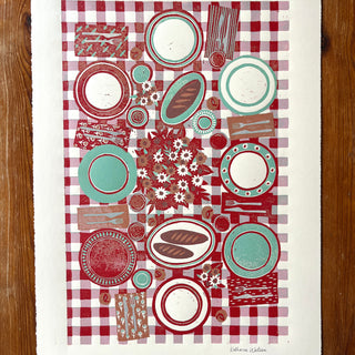 Hand Block Printed "Picnic Table" Reduction Print - Red & Teal