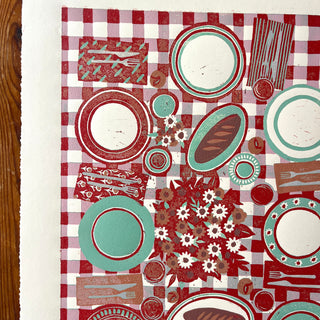 Hand Block Printed "Picnic Table" Reduction Print - Red & Teal