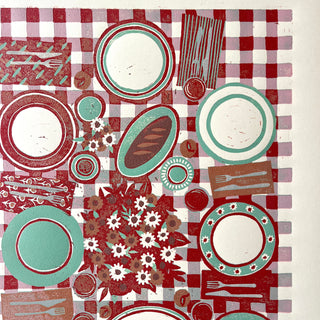 Hand Block Printed "Picnic Table" Reduction Print - Red & Teal