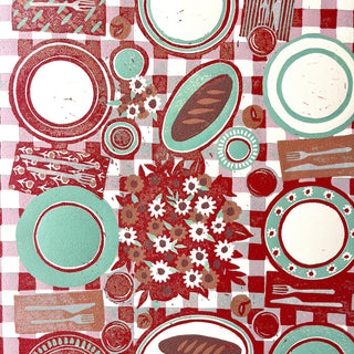 Hand Block Printed "Picnic Table" Reduction Print - Red & Teal