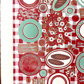 Hand Block Printed "Picnic Table" Reduction Print - Red & Teal