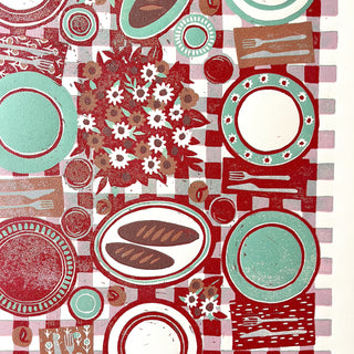 Hand Block Printed "Picnic Table" Reduction Print - Red & Teal