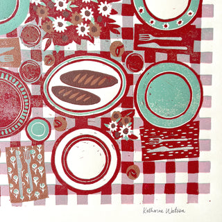 Hand Block Printed "Picnic Table" Reduction Print - Red & Teal