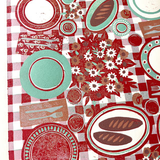 Hand Block Printed "Picnic Table" Reduction Print - Red & Teal