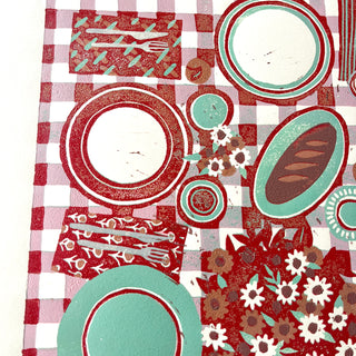 Hand Block Printed "Picnic Table" Reduction Print - Red & Teal