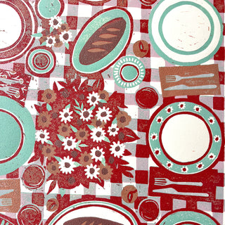 Hand Block Printed "Picnic Table" Reduction Print - Red & Teal