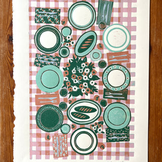 Hand Block Printed "Picnic Table" Reduction Print - Pink & Green