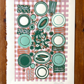 Hand Block Printed "Picnic Table" Reduction Print - Pink & Green