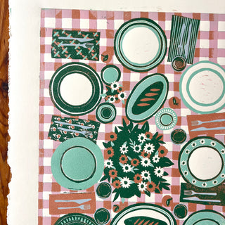 Hand Block Printed "Picnic Table" Reduction Print - Pink & Green