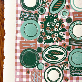 Hand Block Printed "Picnic Table" Reduction Print - Pink & Green