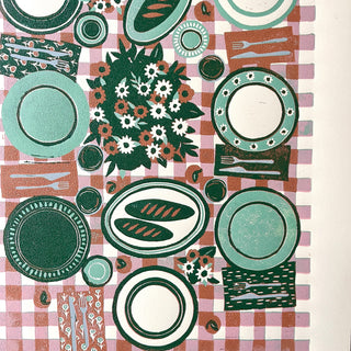 Hand Block Printed "Picnic Table" Reduction Print - Pink & Green