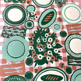 Hand Block Printed "Picnic Table" Reduction Print - Pink & Green