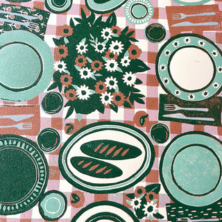 Hand Block Printed "Picnic Table" Reduction Print - Pink & Green