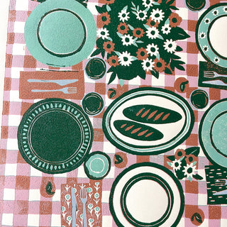 Hand Block Printed "Picnic Table" Reduction Print - Pink & Green