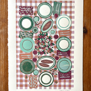 Hand Block Printed "Picnic Table" Reduction Print - Magenta