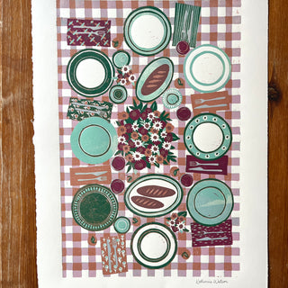 Hand Block Printed "Picnic Table" Reduction Print - Magenta