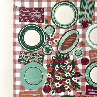 Hand Block Printed "Picnic Table" Reduction Print - Magenta