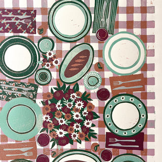 Hand Block Printed "Picnic Table" Reduction Print - Magenta