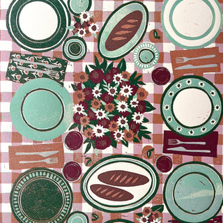 Hand Block Printed "Picnic Table" Reduction Print - Magenta
