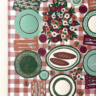 Hand Block Printed "Picnic Table" Reduction Print - Magenta