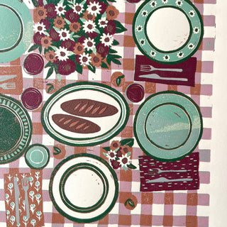 Hand Block Printed "Picnic Table" Reduction Print - Magenta