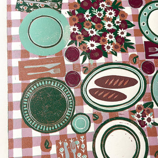 Hand Block Printed "Picnic Table" Reduction Print - Magenta