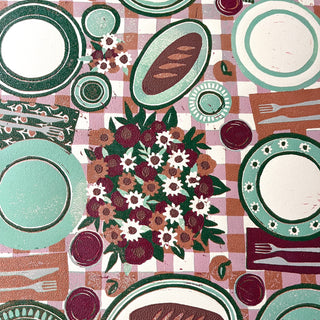 Hand Block Printed "Picnic Table" Reduction Print - Magenta
