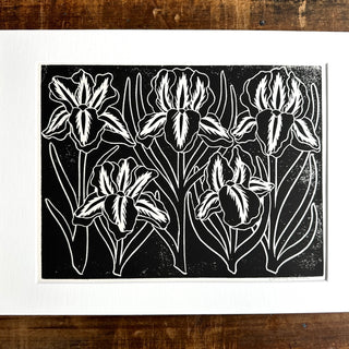 Matted Hand Block Printed Irises Art Print - No. 5237