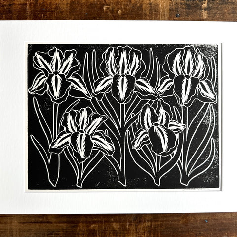 Matted Hand Block Printed Irises Art Print - No. 5237