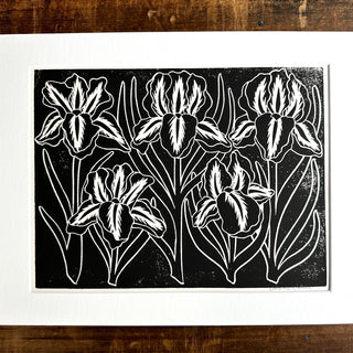 Matted Hand Block Printed Irises Art Print - No. 5237