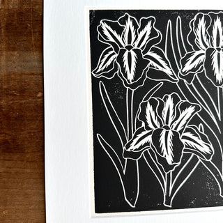 Matted Hand Block Printed Irises Art Print - No. 5237